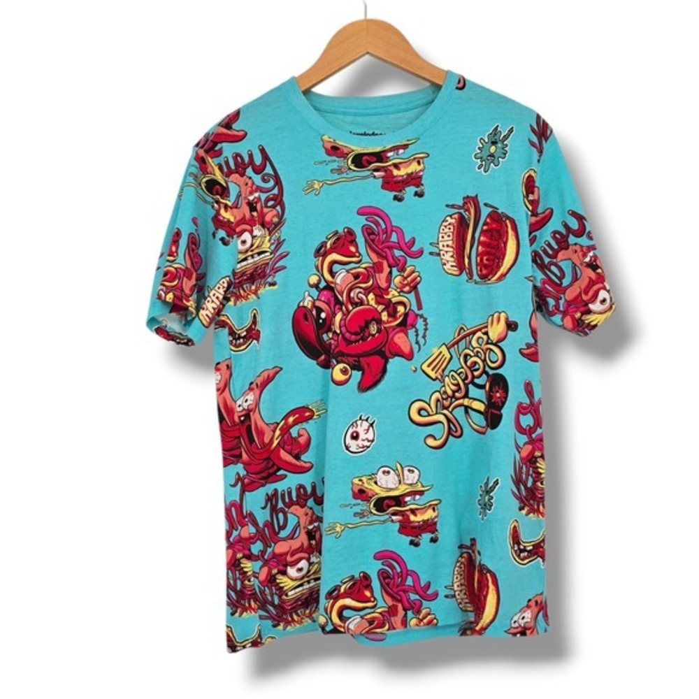 Nickelodeon SpongeBob All Over Print Graphic T Shirt Mens Size Small Aqua Blue